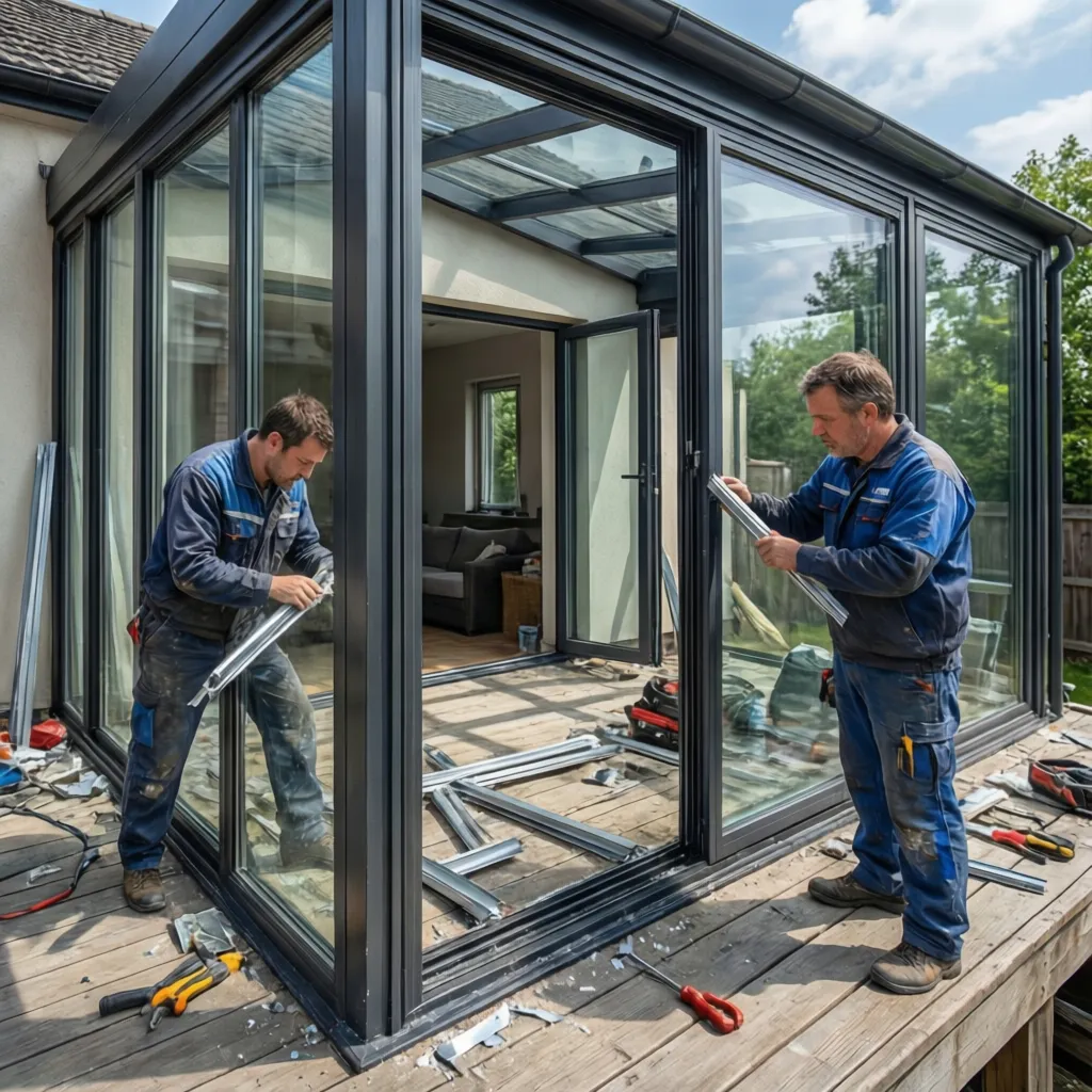 technician inspecting seals on glass patio enclosure