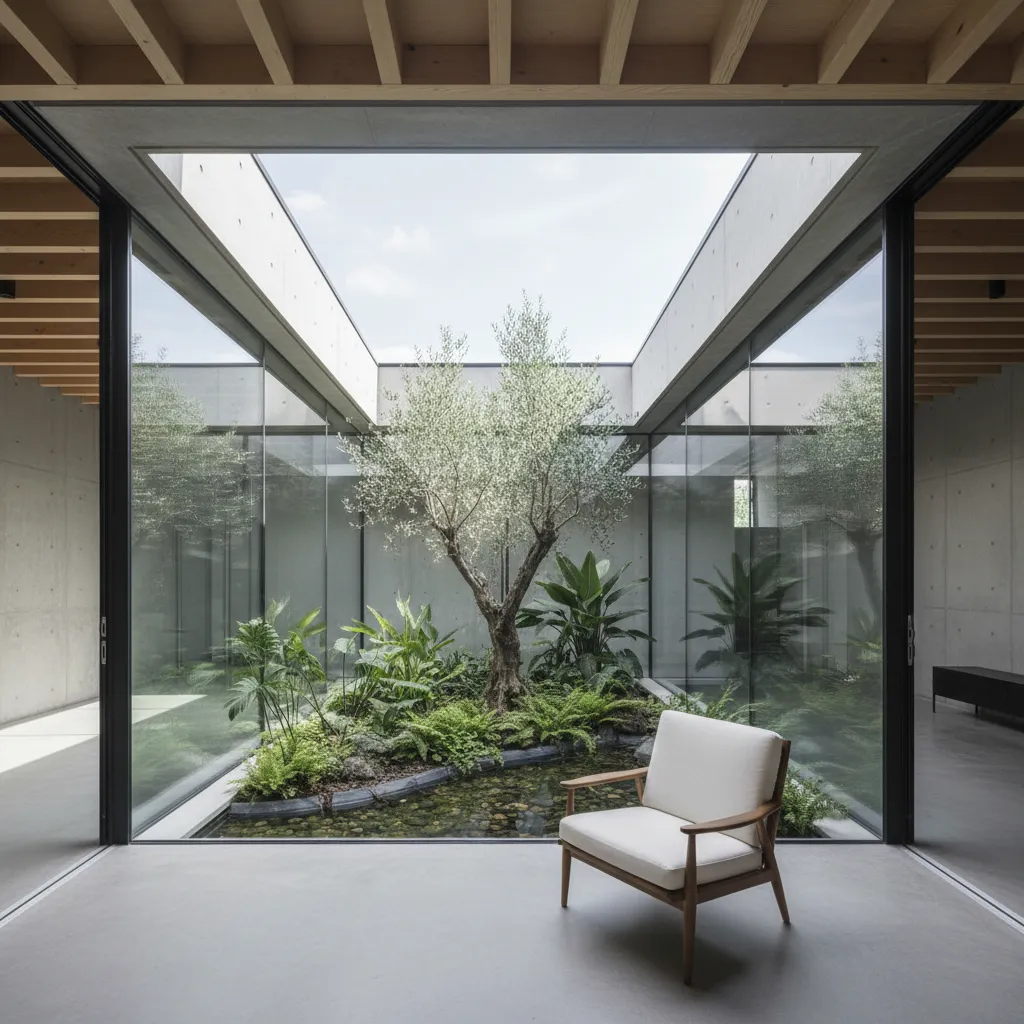 Patio interior acristalado en una casa moderna