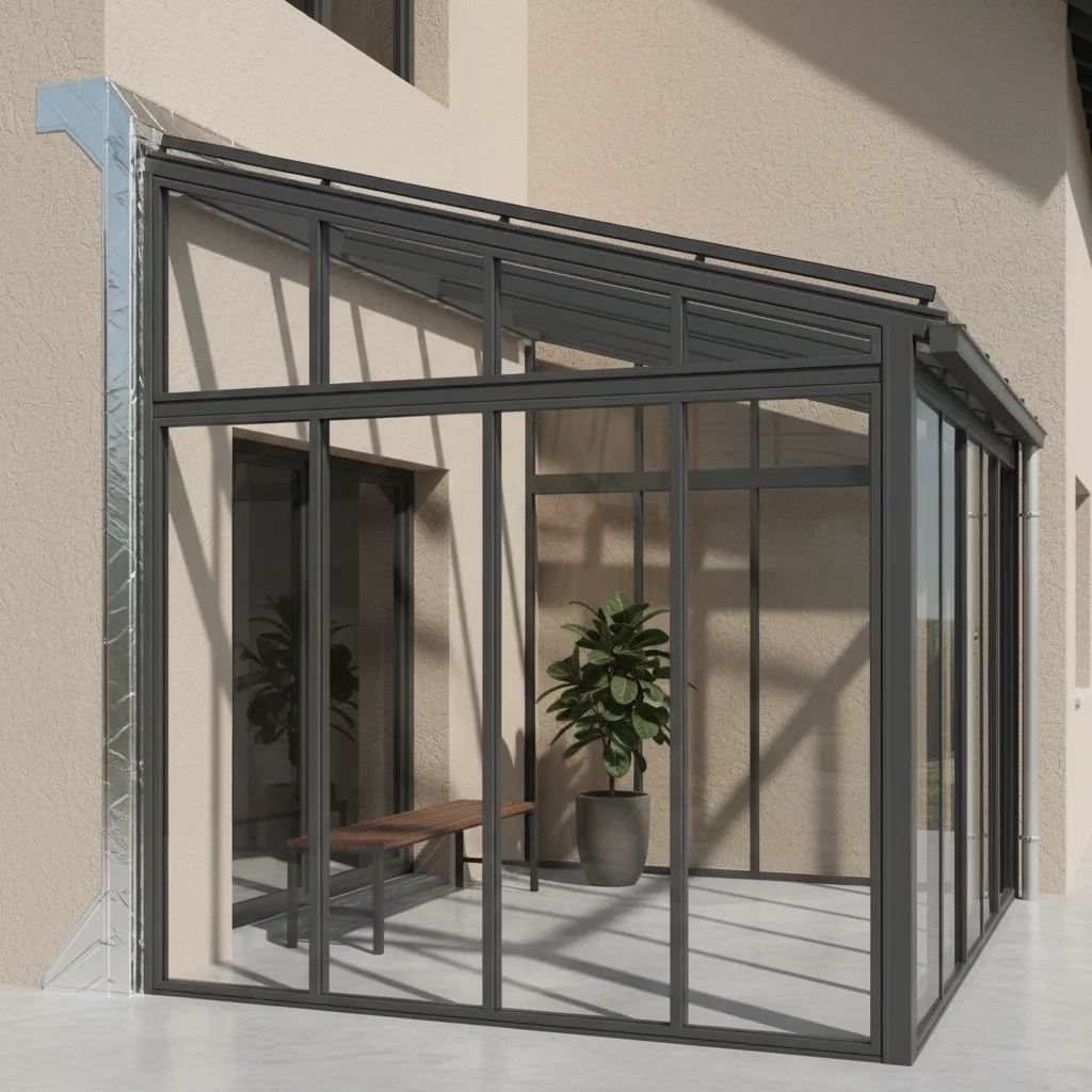 roof joint and flashing area of glass patio enclosure