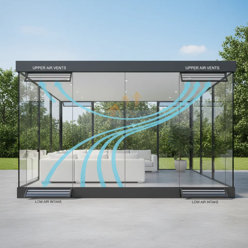 diagram style view of ventilation airflow in glass patio enclosure