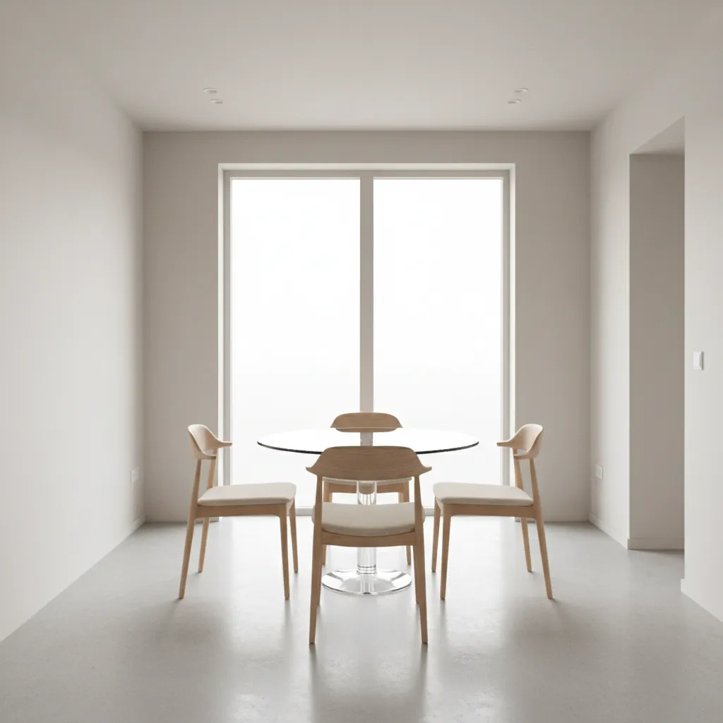 glass pedestal dining table in a bright compact dining area