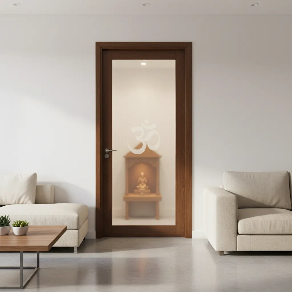 Frosted glass pooja room door with etched Om symbol