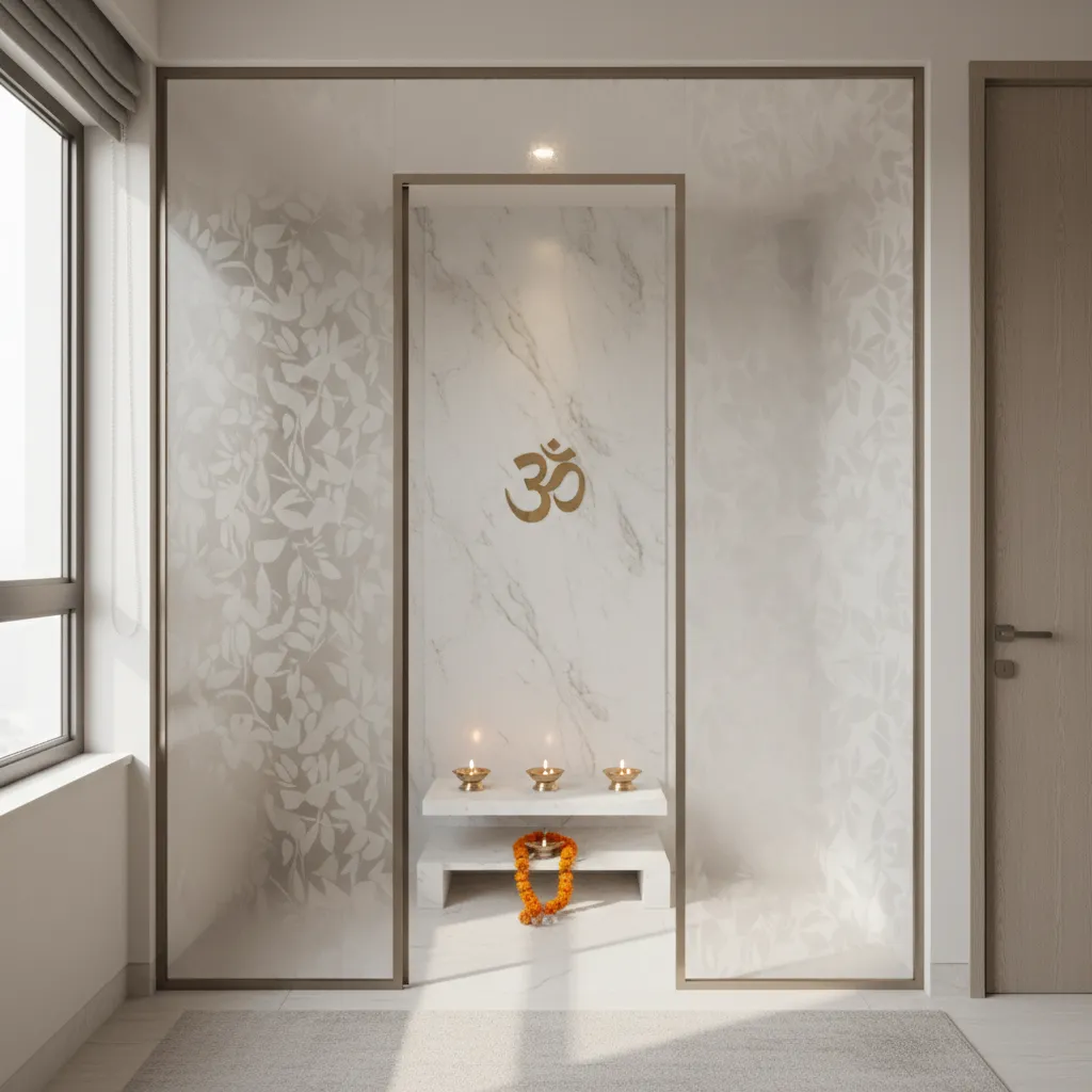 modern pooja room separated by frosted glass partition