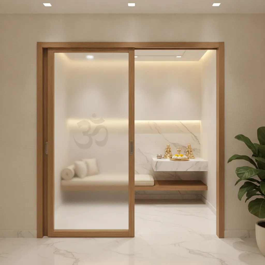 Frosted glass puja room doors with wooden frame