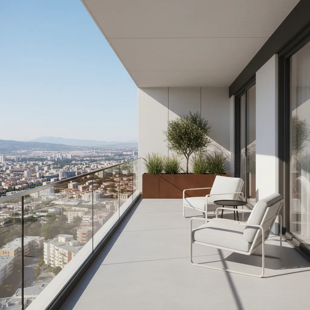 balcony layout with glass railing and open view to landscape