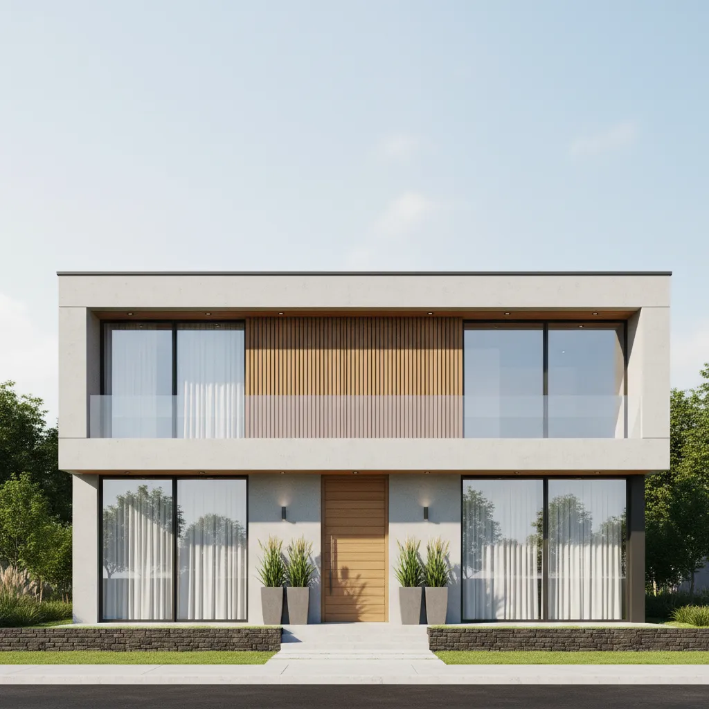 Single floor house with modern glass railing balcony elevation