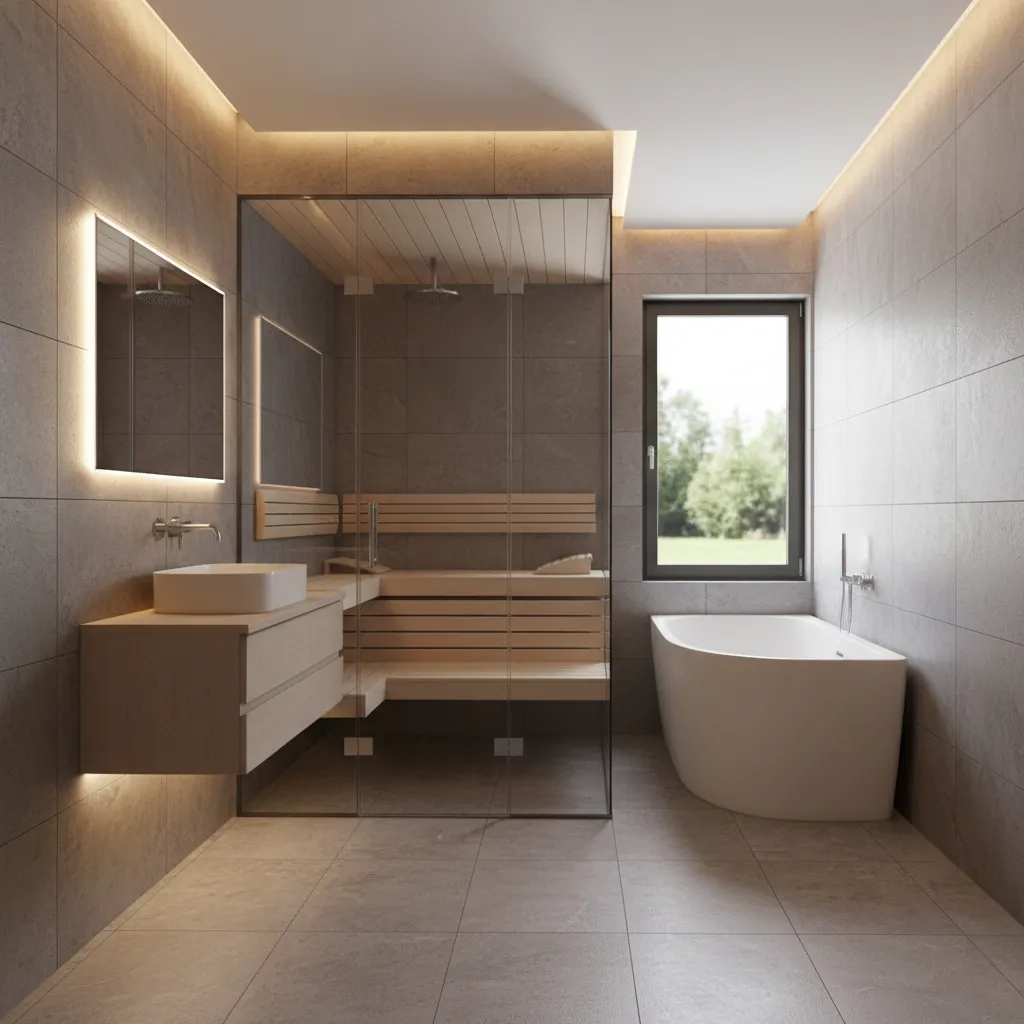 Glass partition sauna enclosure in a small bathroom spa layout
