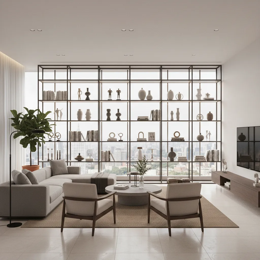 glass wall showcase layout with sofa and living room furniture arrangement