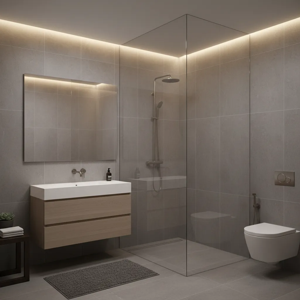 Modern grey bathroom with glass shower screen wooden sink cabinet toilet and warm ceiling light