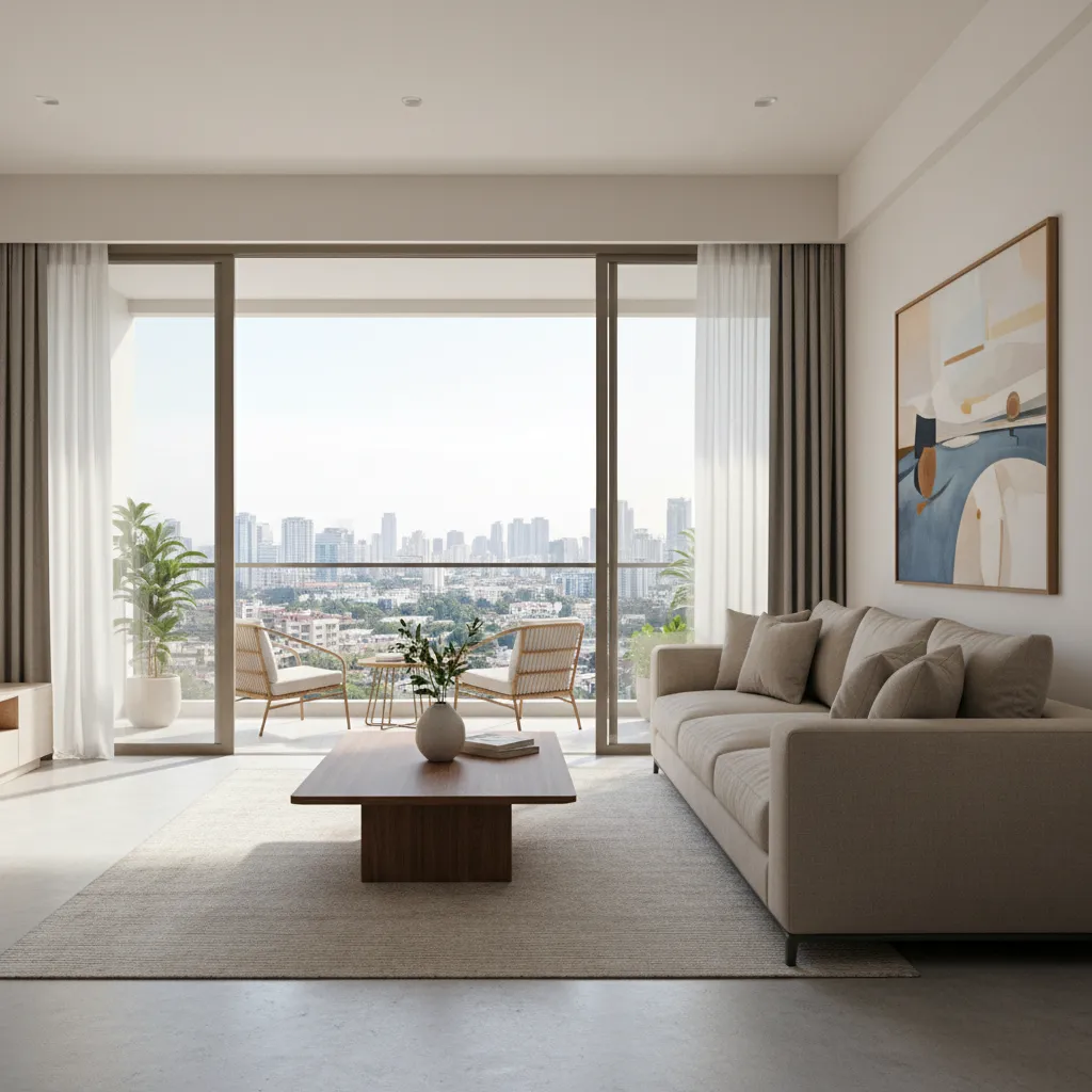 Indian apartment living room with glass sliding doors and balcony view