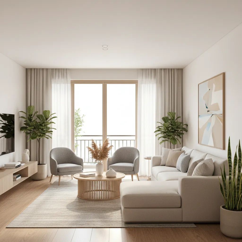 Living room in India with full height glass sliding doors connecting to balcony