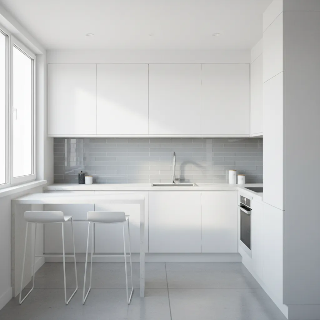 Modern white kitchen with grey glass tiles white cabinets marble breakfast bar and two white stools
