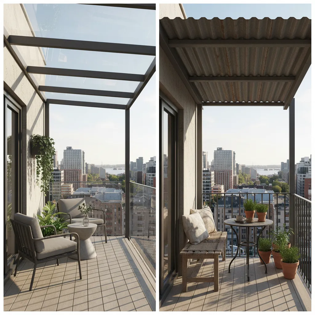Side by side balcony roof comparison of glass and metal sheet roofing