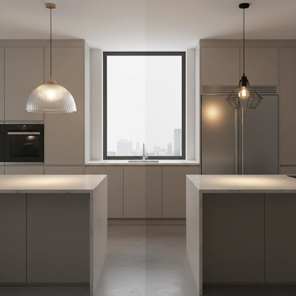 Side by side comparison of glass pendant light and metal pendant light over kitchen island