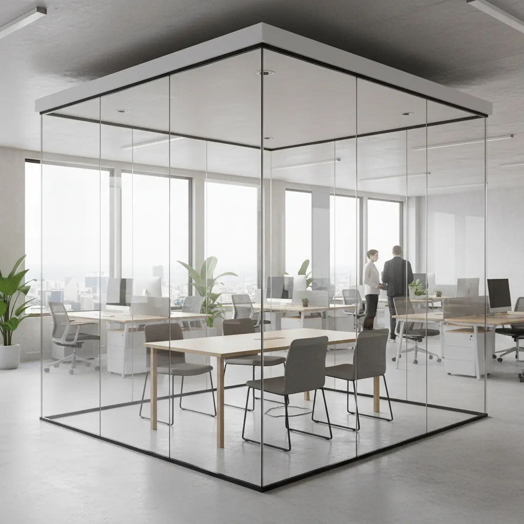 Small conference room with glass walls allowing natural light