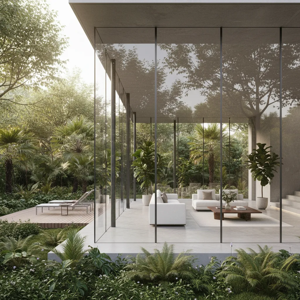 Casa contemporánea con pared de cristal y vista panorámica al jardín