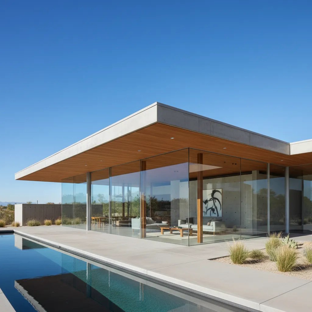 Casa moderna con grandes ventanales y voladizo para sombra