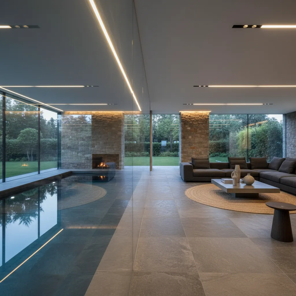 Modern indoor swimming pool separated by glass wall from a living room with grey sofa