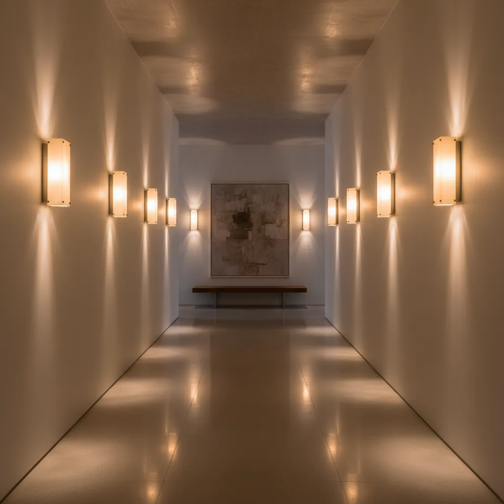 modern hallway with evenly spaced glass wall lamps demonstrating proper placement