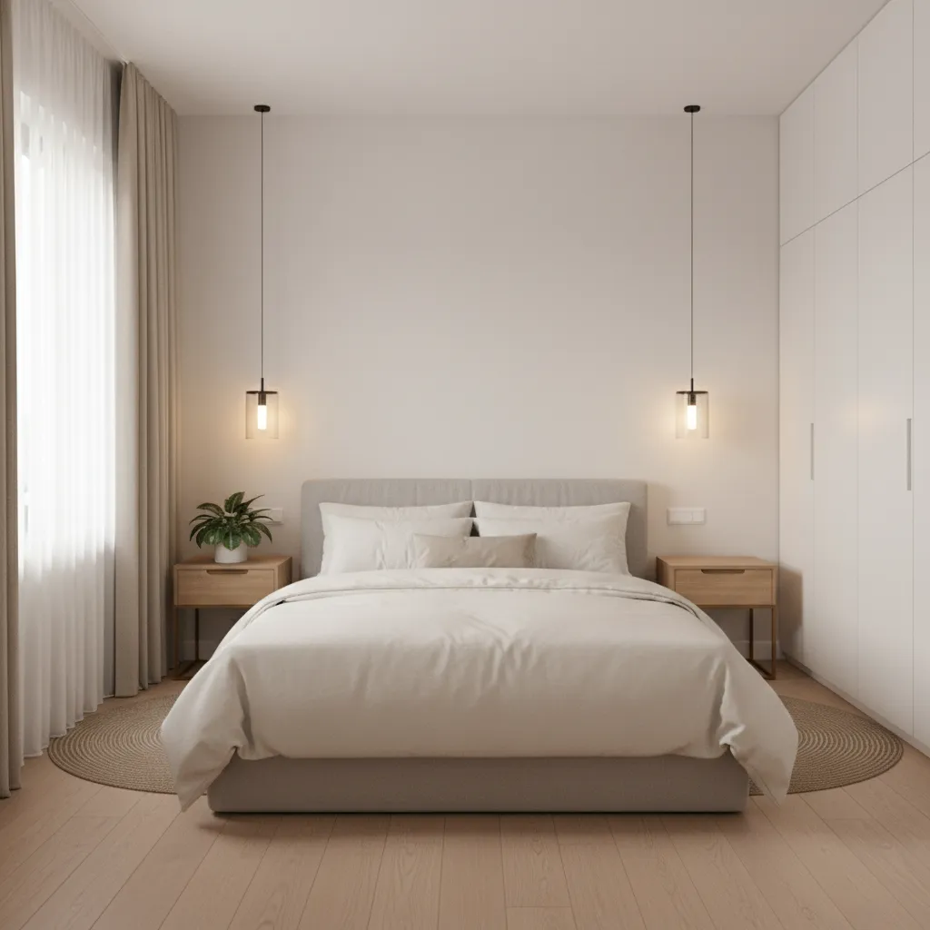 small bedroom featuring elegant glass wall lamps above bedside tables