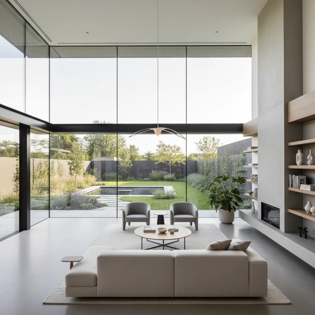 Salón moderno con cerramiento de vidrio de suelo a techo