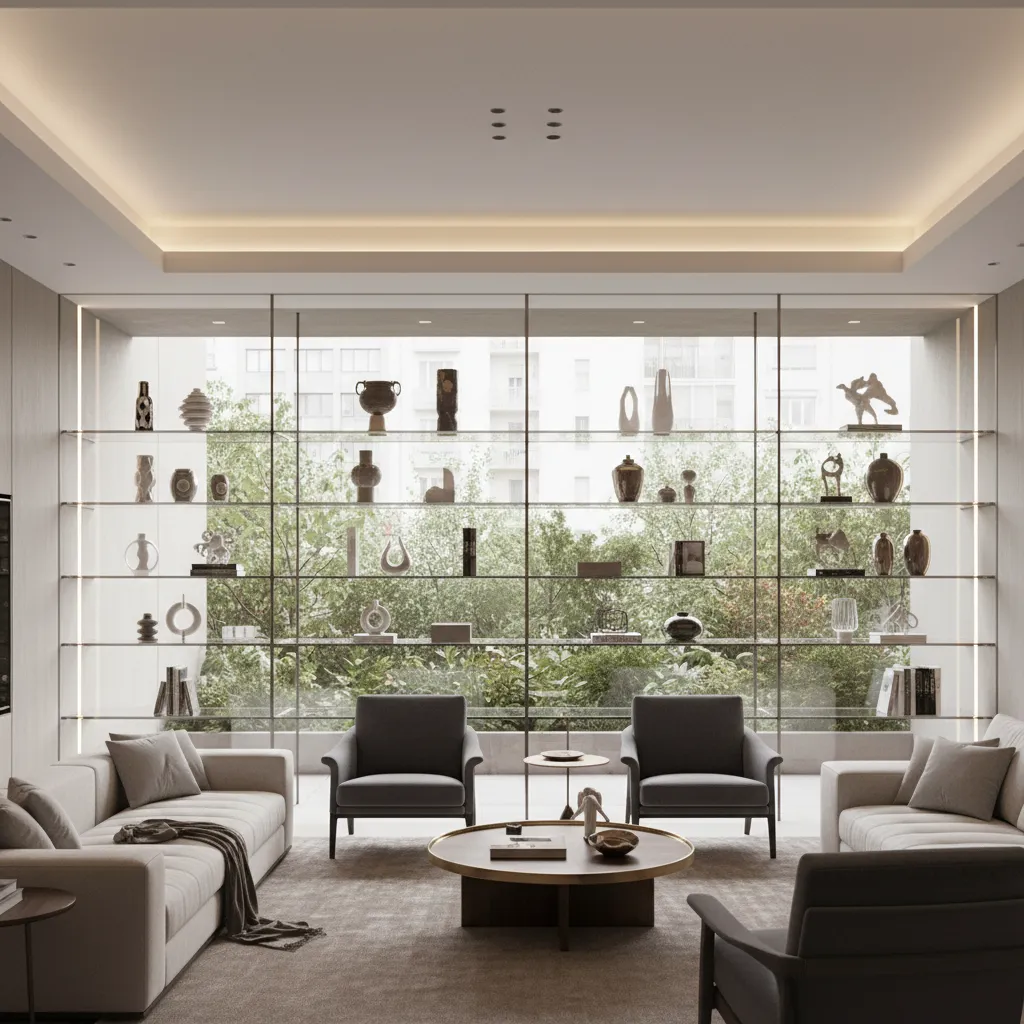 Glass Wall Showcase Designs for Living Room