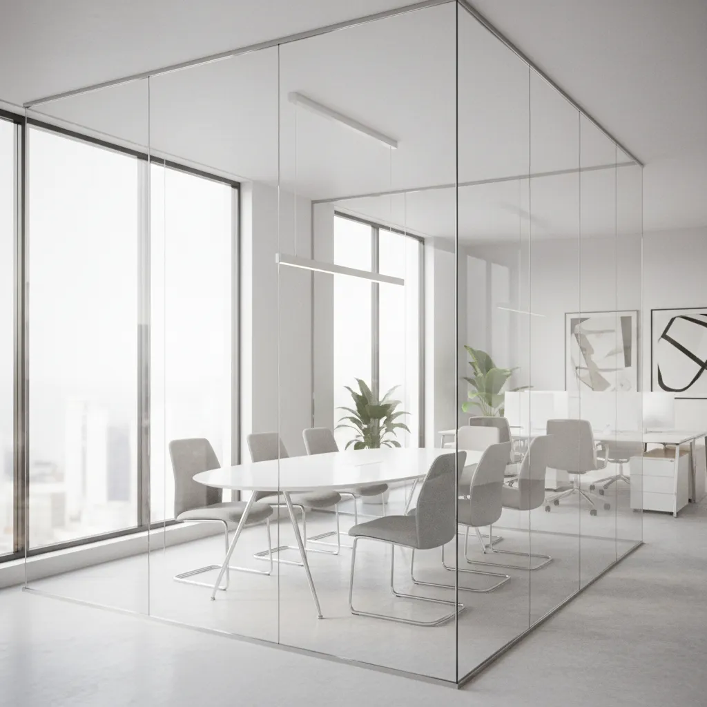 Small glass conference room with natural light in modern office