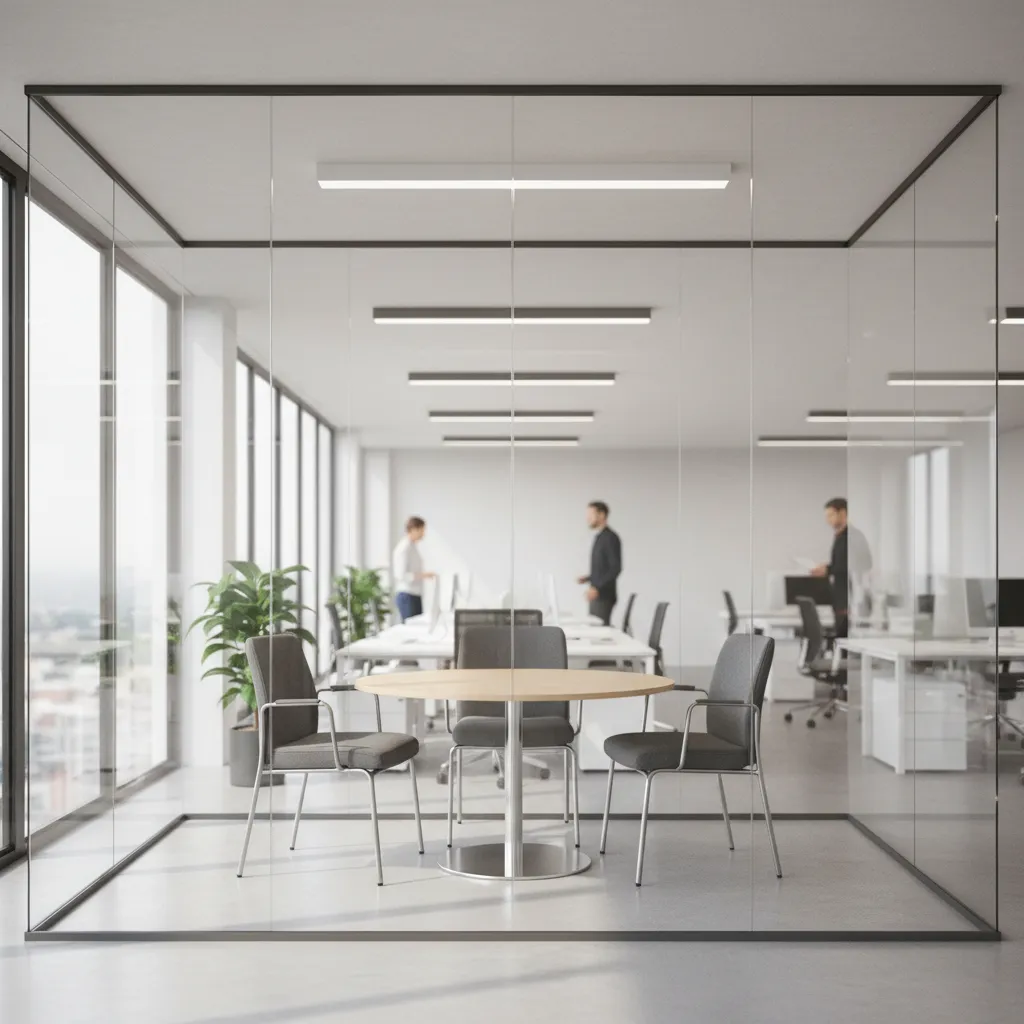 Small glass wall meeting room with modern office lighting