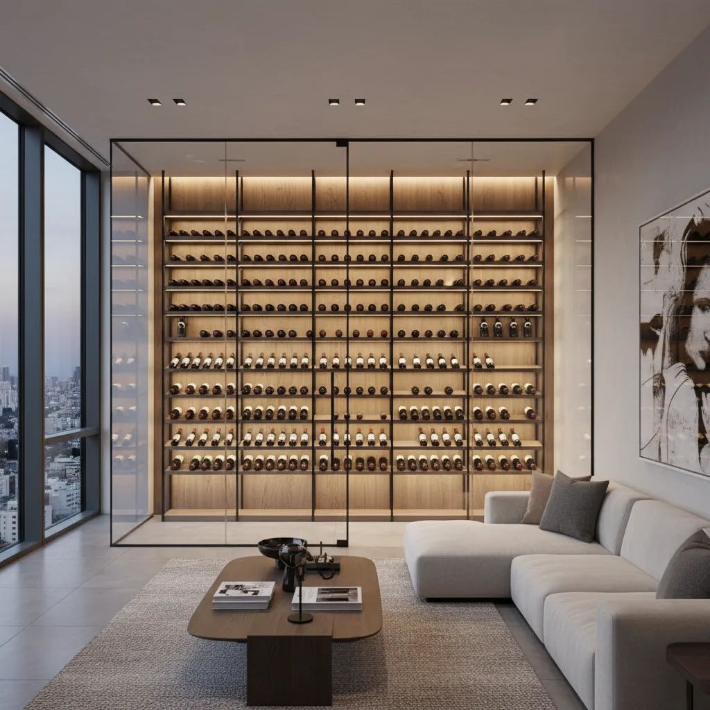 Cava de vino acristalada integrada en un salón moderno