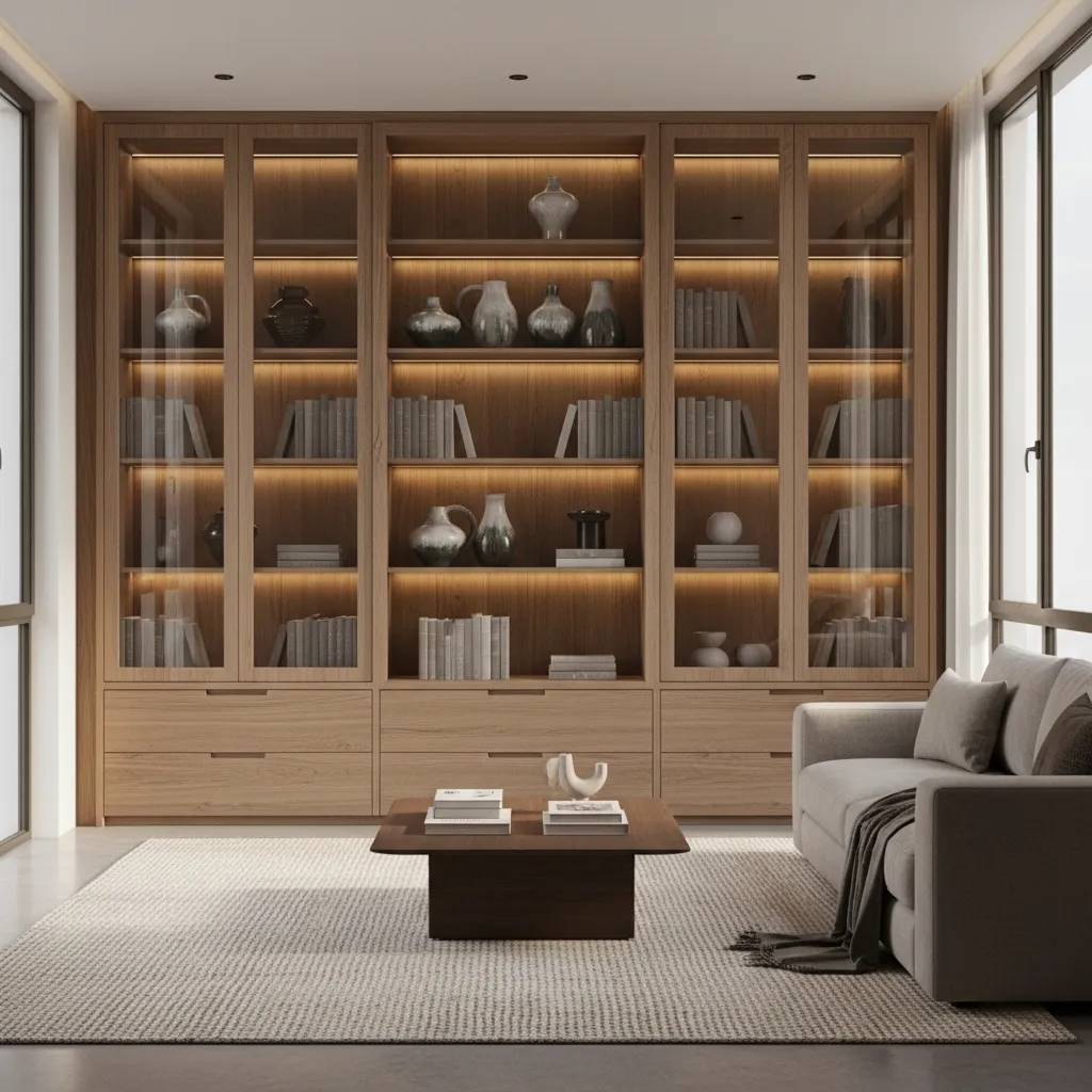 Living room wall with wooden glass showcase cabinet and decor shelves
