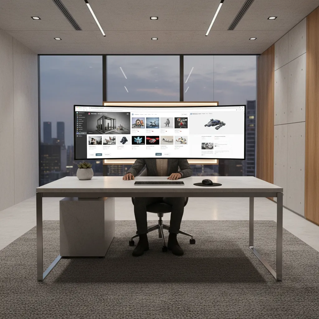 Designer browsing multiple 3D model marketplace websites on a large monitor
