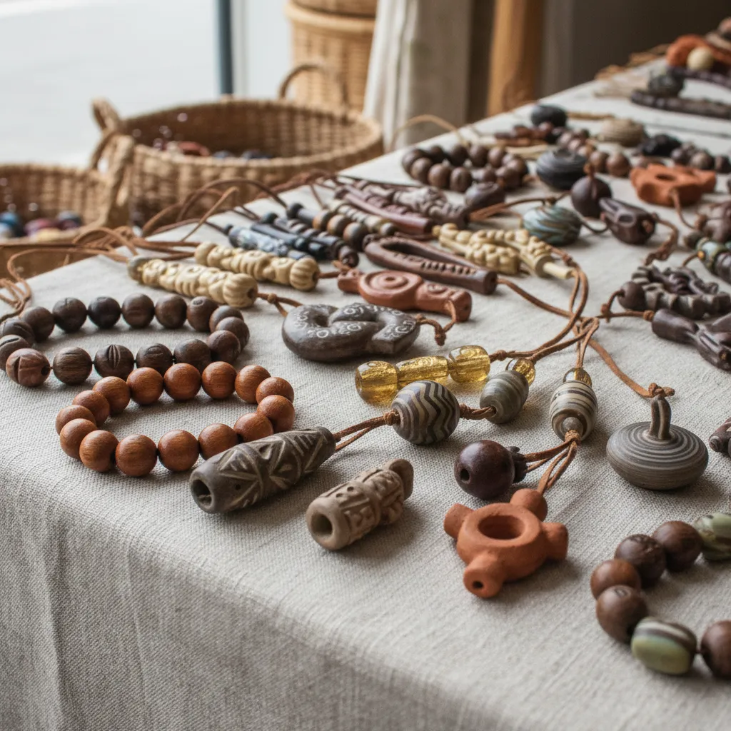 Decorative display of global bead craft traditions including wood and glass bead designs
