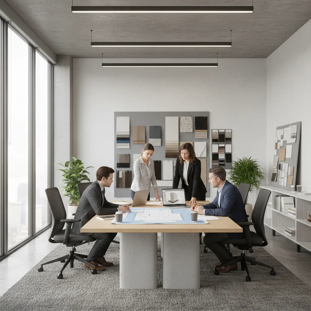 Design team reviewing large commercial interior project plans