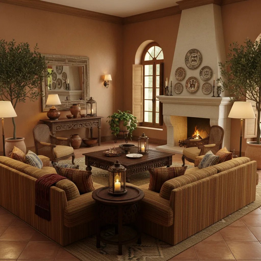 Living room mixing Mediterranean and global decor elements typical of early 2000s design influence