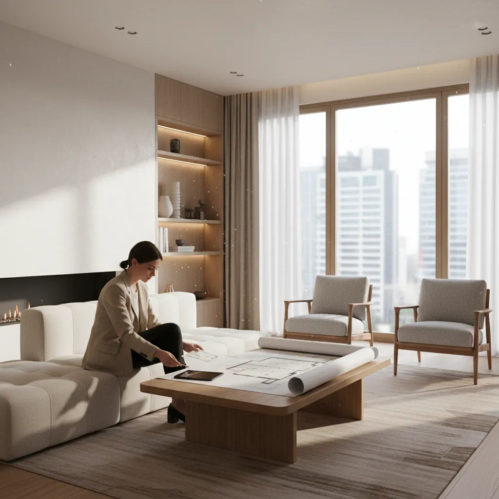 modern residential interior design project with designer reviewing layout plans