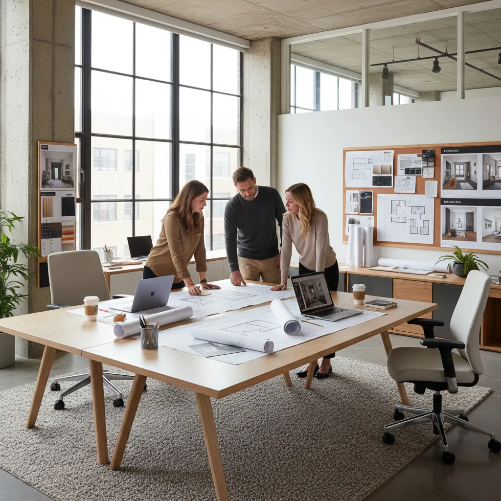 Interior designers collaborating on layout plans in a studio