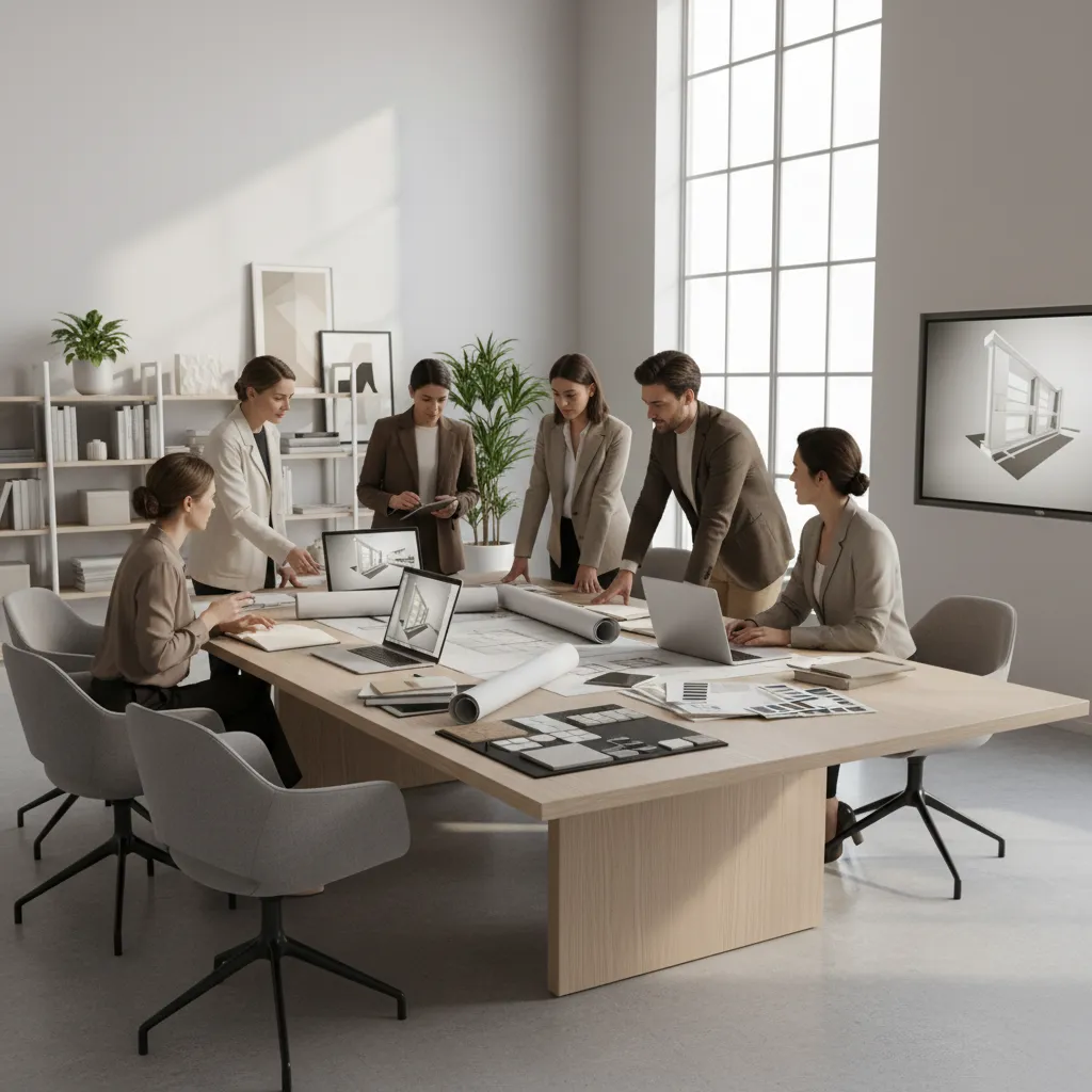 interior design professionals reviewing office layout drawings on a large desk