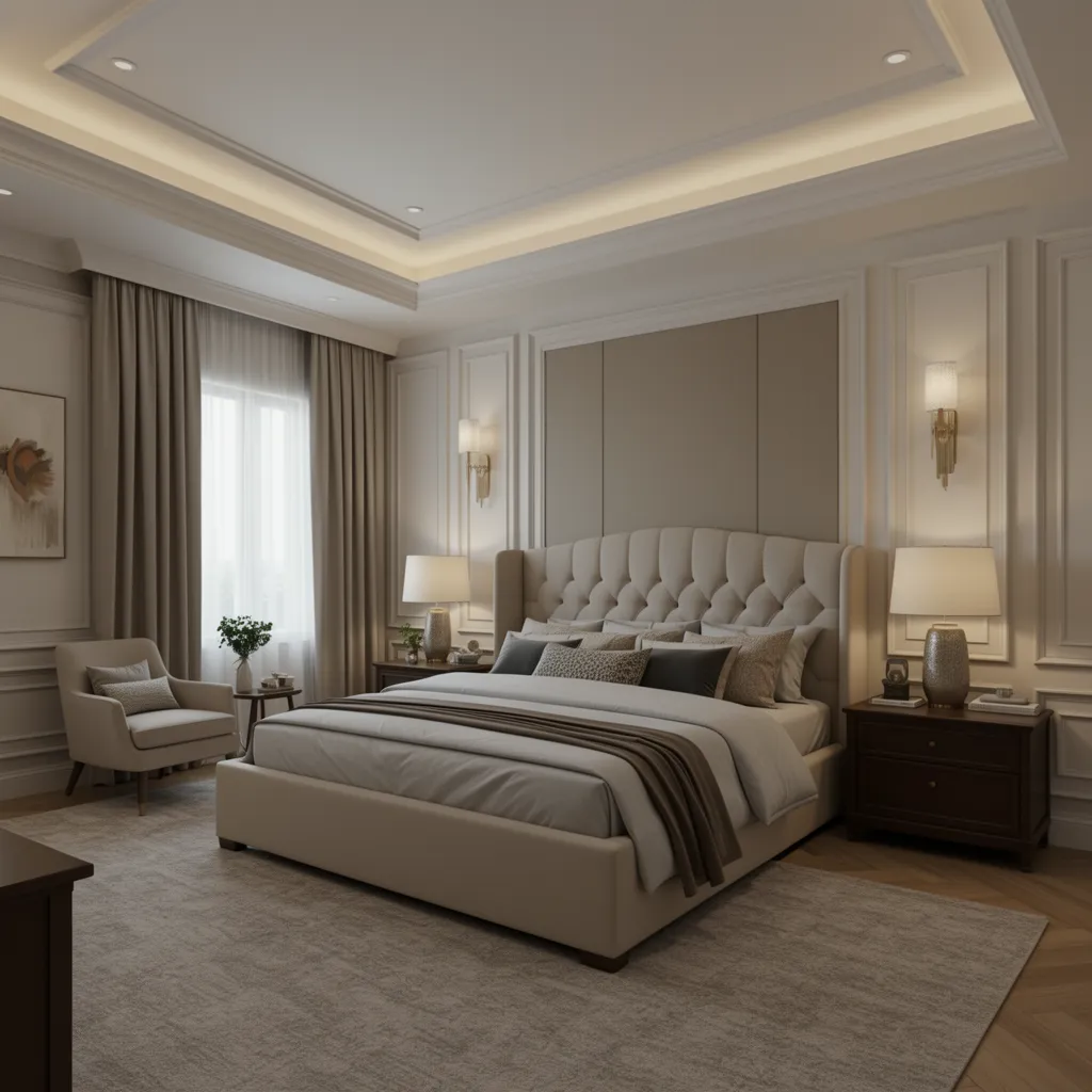 Elegant luxury bedroom interior with international architectural influences