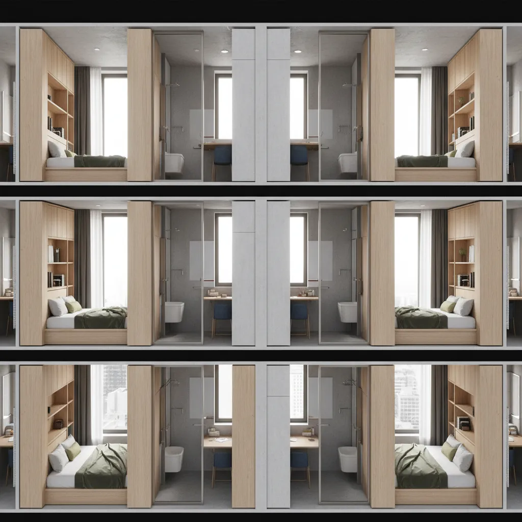 Modern micro housing building with compact apartment interiors visible