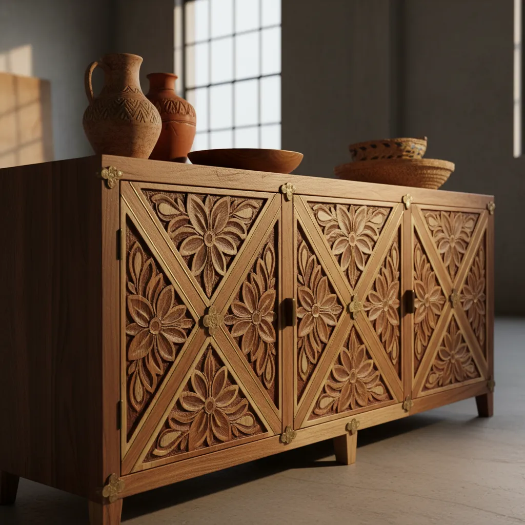 detalle de muebles artesanales de madera con inspiración internacional
