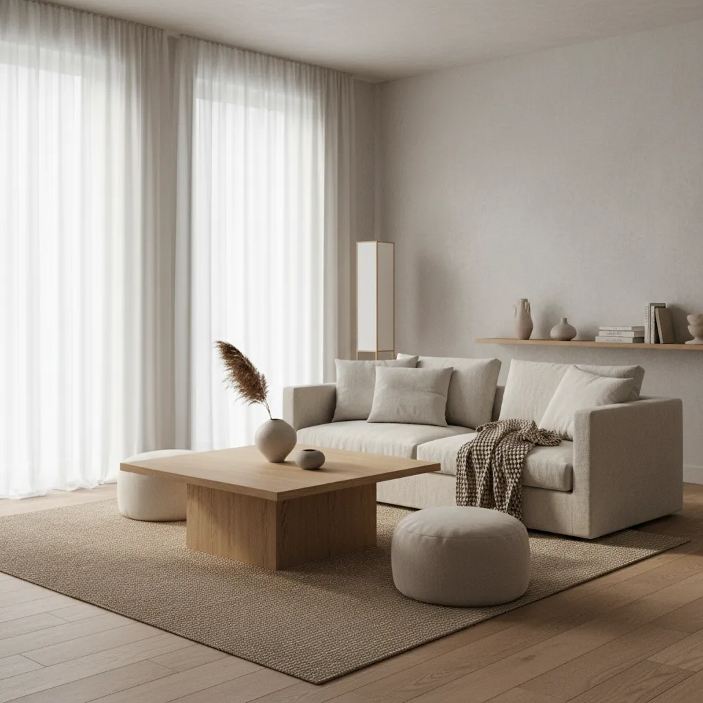 Sala de estar con mezcla de muebles japoneses y escandinavos