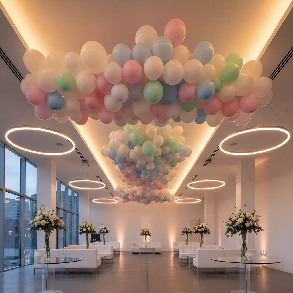 Decoración de globos suspendidos en el techo de un salón