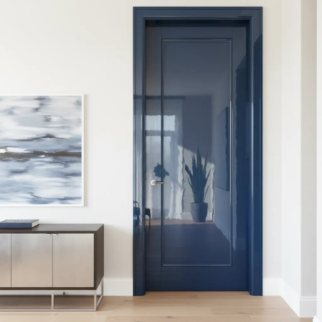 interior door and trim painted with high gloss finish reflecting light