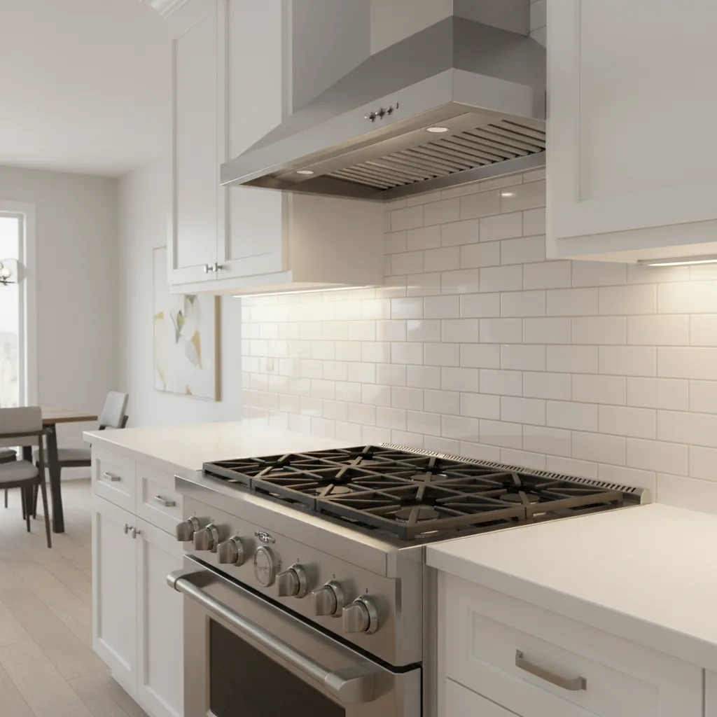 Glossy white subway tiles backsplash in modern kitchen