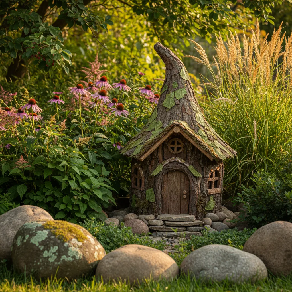 Gnome house positioned behind shrubs to shield from rain