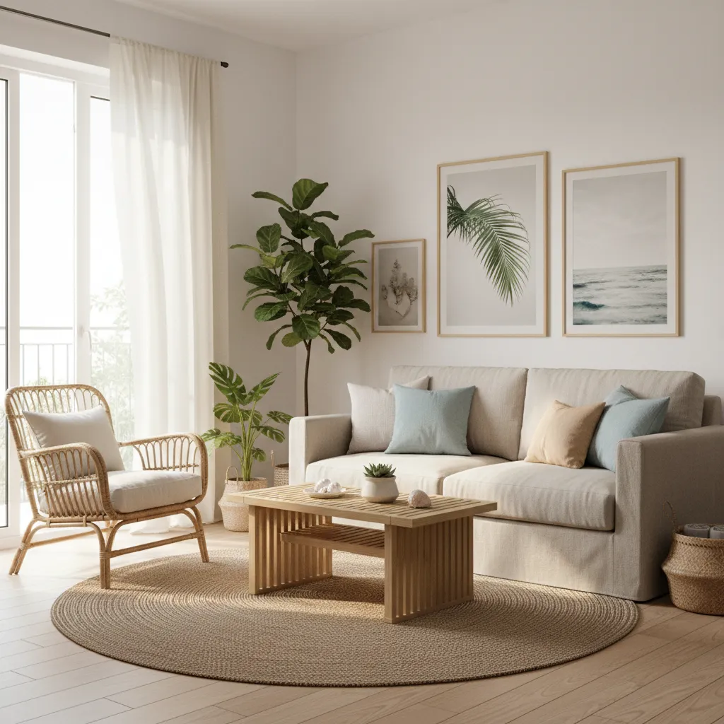 Small coastal living room interior with cane furniture and light wood accents