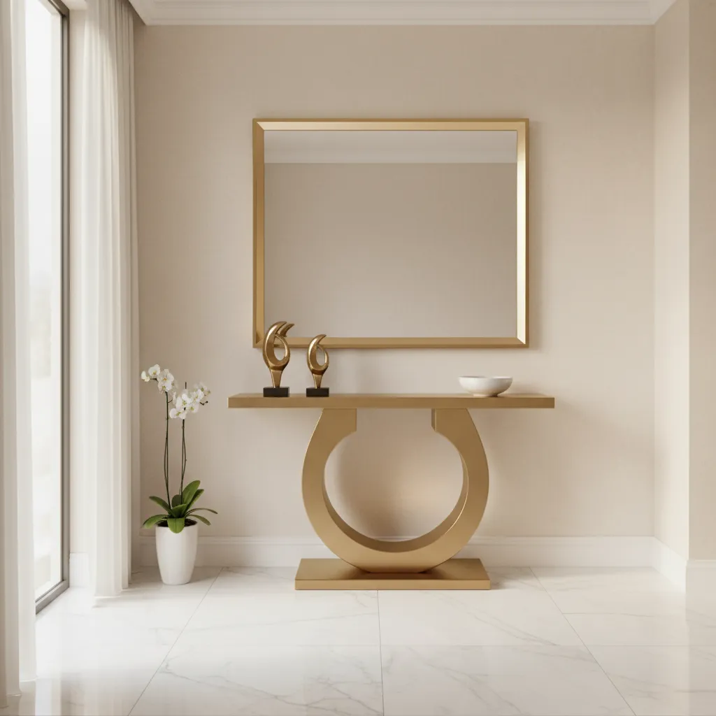 Luxury home entryway with gold console table and neutral interior palette