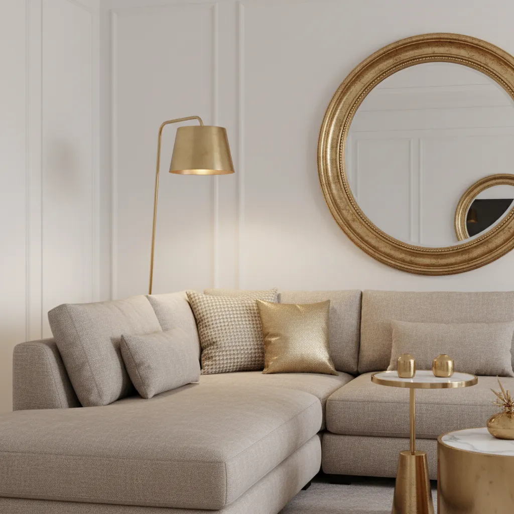Close view of gold accent lighting and decor in beige white living room