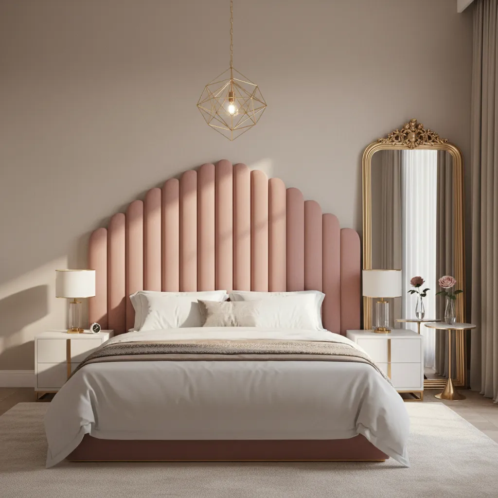 Bedroom with limited gold accents such as chandelier and mirror
