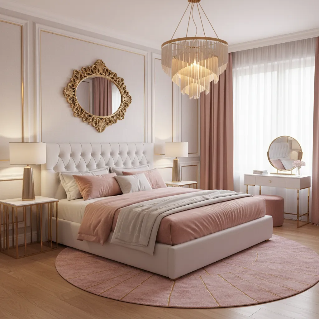 Luxury bedroom with strong gold accents and blush pink decor